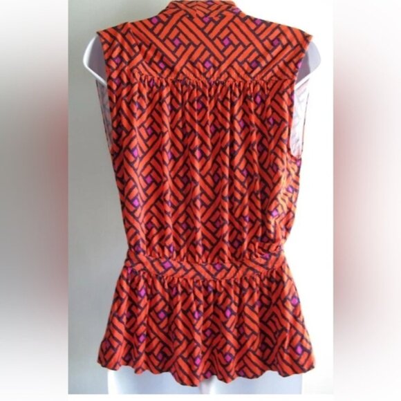 GUC C WONDER ORANGE NAVY LATTICE WRAP SLEEVELESS JERSEY BLOUSE vibrant TOP SZ S - Picture 4 of 8